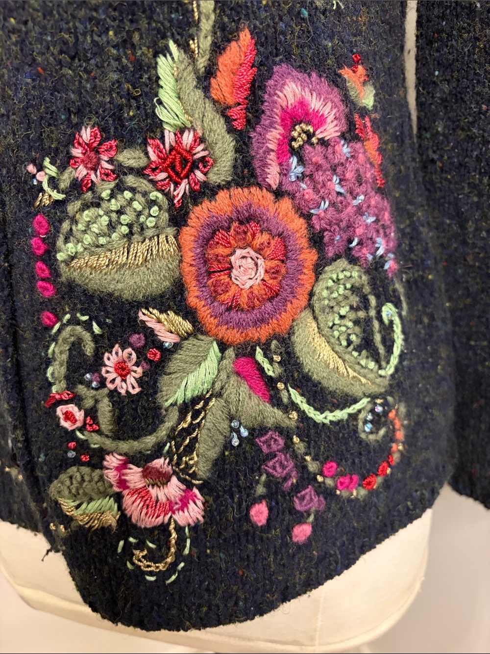SUSAN BRISTOL LTD. Charcoal Hand Embroidered Floral Wool Blend Cardigan SIZE S - Picture 6 of 16